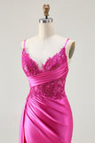 Fuchsia Mermaid Spaghetti Straps Beaded Streamer Ruched Long Prom Dress with Slit