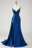 Navy Mermaid Spaghetti Straps Beaded Ruched Satin Long Prom Dress with Streamer