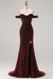 Black Red Off The Shoulder Mermaid Long Velvet Dress with Slit