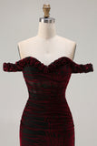 Black Red Off The Shoulder Mermaid Long Velvet Dress with Slit
