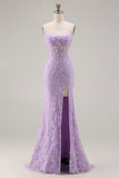 Purple Mermaid Beaded Sheer Corset Lace Appliqued Long Prom Dress with Slit