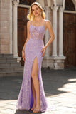 Purple Mermaid Beaded Sheer Corset Lace Appliqued Long Prom Dress with Slit