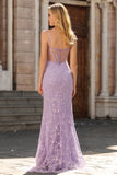 Purple Mermaid Beaded Sheer Corset Lace Appliqued Long Prom Dress with Slit