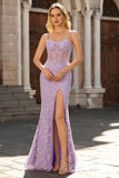 Purple Mermaid Beaded Sheer Corset Lace Appliqued Long Prom Dress with Slit