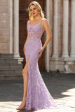 Purple Mermaid Beaded Sheer Corset Lace Appliqued Long Prom Dress with Slit