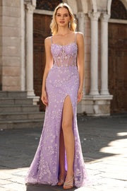 Purple Mermaid Beaded Sheer Corset Lace Appliqued Long Prom Dress with Slit