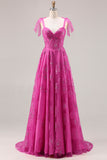 Fuchsia A Line Floral Beaded Sequin Corset Long Prom Dress
