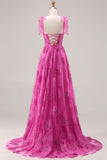 Fuchsia A Line Floral Beaded Sequin Corset Long Prom Dress