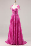 Fuchsia A Line Floral Beaded Sequin Corset Long Prom Dress