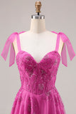 Fuchsia A Line Floral Beaded Sequin Corset Long Prom Dress