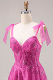 Fuchsia A Line Floral Beaded Sequin Corset Long Prom Dress