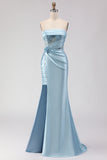 Strapless Mermaid Blue Sequin Ruched Long Prom Dress with Slit