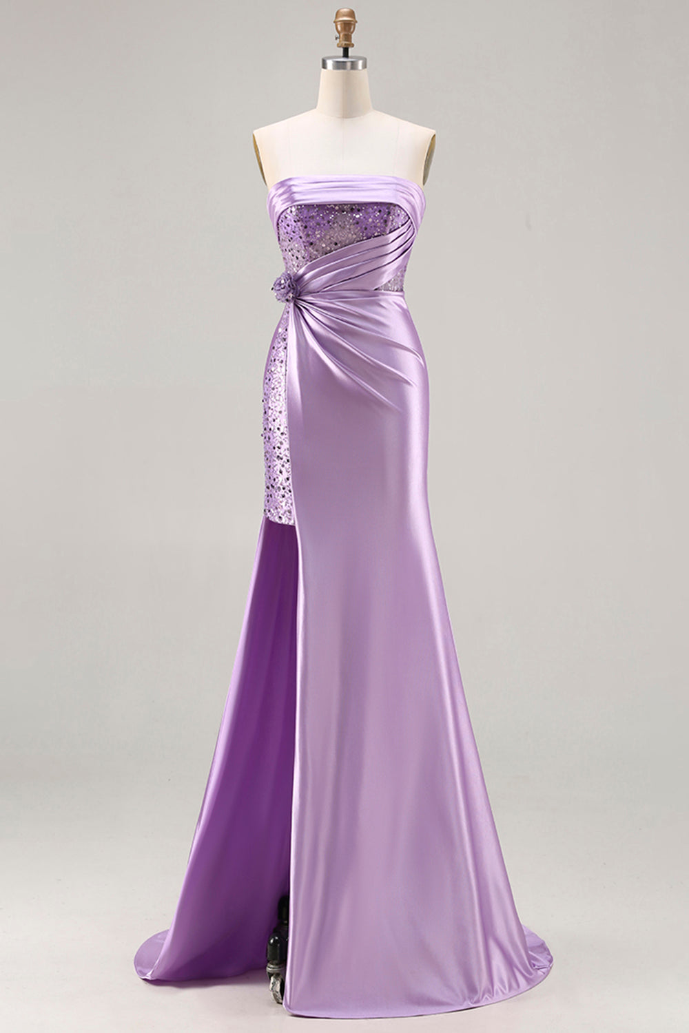 WEDTREND Women Strapless Mermaid Purple Prom Dress with Slit Sequin Ruched 3D flower Party Dress with Lace Up Back WEDTREND Women Strapless Mermaid Purple Prom Dress with Slit Sequin Ruched 3D flower Party Dress with Lace Up Back
