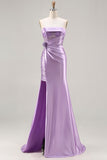 Purple Strapless Mermaid Sequin Ruched Long Prom Dress with Slit