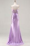 Purple Strapless Mermaid Sequin Ruched Long Prom Dress with Slit