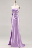 Purple Strapless Mermaid Sequin Ruched Long Prom Dress with Slit