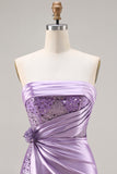 Purple Strapless Mermaid Sequin Ruched Long Prom Dress with Slit