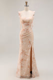 Champagne Sheath Lace Up Back Long Floral Burnout Dress with Slit