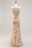 Champagne Sheath Lace Up Back Long Floral Burnout Dress with Slit