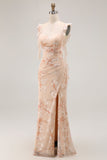 Champagne Sheath Lace Up Back Long Floral Burnout Dress with Slit