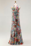 Multi Flower Strapless Sheath Pleated Print Convertible Floral Dress with Slit