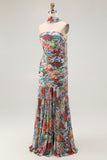 Multi Flower Strapless Sheath Pleated Print Convertible Floral Dress with Slit