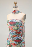 Multi Flower Strapless Sheath Pleated Print Convertible Floral Dress with Slit