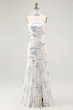 White Blue Flower Strapless Sheath Burnout Velvet Convertible Floral Dress with Slit