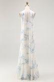 White Blue Flower Strapless Sheath Burnout Velvet Convertible Floral Dress with Slit