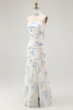 White Blue Flower Strapless Sheath Burnout Velvet Convertible Floral Dress with Slit