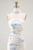 White Blue Flower Strapless Sheath Burnout Velvet Convertible Floral Dress with Slit
