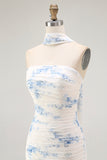 White Blue Flower Strapless Sheath Burnout Velvet Convertible Floral Dress with Slit