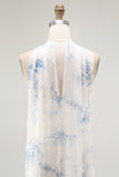 White Blue Flower Strapless Sheath Burnout Velvet Convertible Floral Dress with Slit
