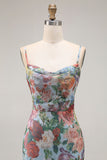Multi Flower Sheath Spaghetti Straps Open Back Long Floral Dress with Slit