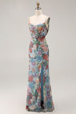 Multi Flower Sheath Spaghetti Straps Open Back Long Floral Dress with Slit
