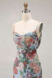 Multi Flower Sheath Spaghetti Straps Open Back Long Floral Dress with Slit
