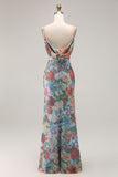 Multi Flower Sheath Spaghetti Straps Open Back Long Floral Dress with Slit