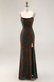 Dark Green Sheath Spaghetti Straps Long Burnout Velvet Dress with Slit