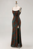 Dark Green Sheath Spaghetti Straps Long Burnout Velvet Dress with Slit