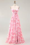 Pink Flower A-Line Spaghetti Straps Corset Long Bridesmaid Dress with Ruffles