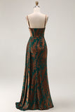 Dark Green Mermaid Corset Streamer Long Floral Burnout Velvet Dress with Slit