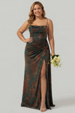 Dark Green Floral Burnout Velvet Mermaid Corset Streamer Plus Size Bridesmaid Dress with Slit