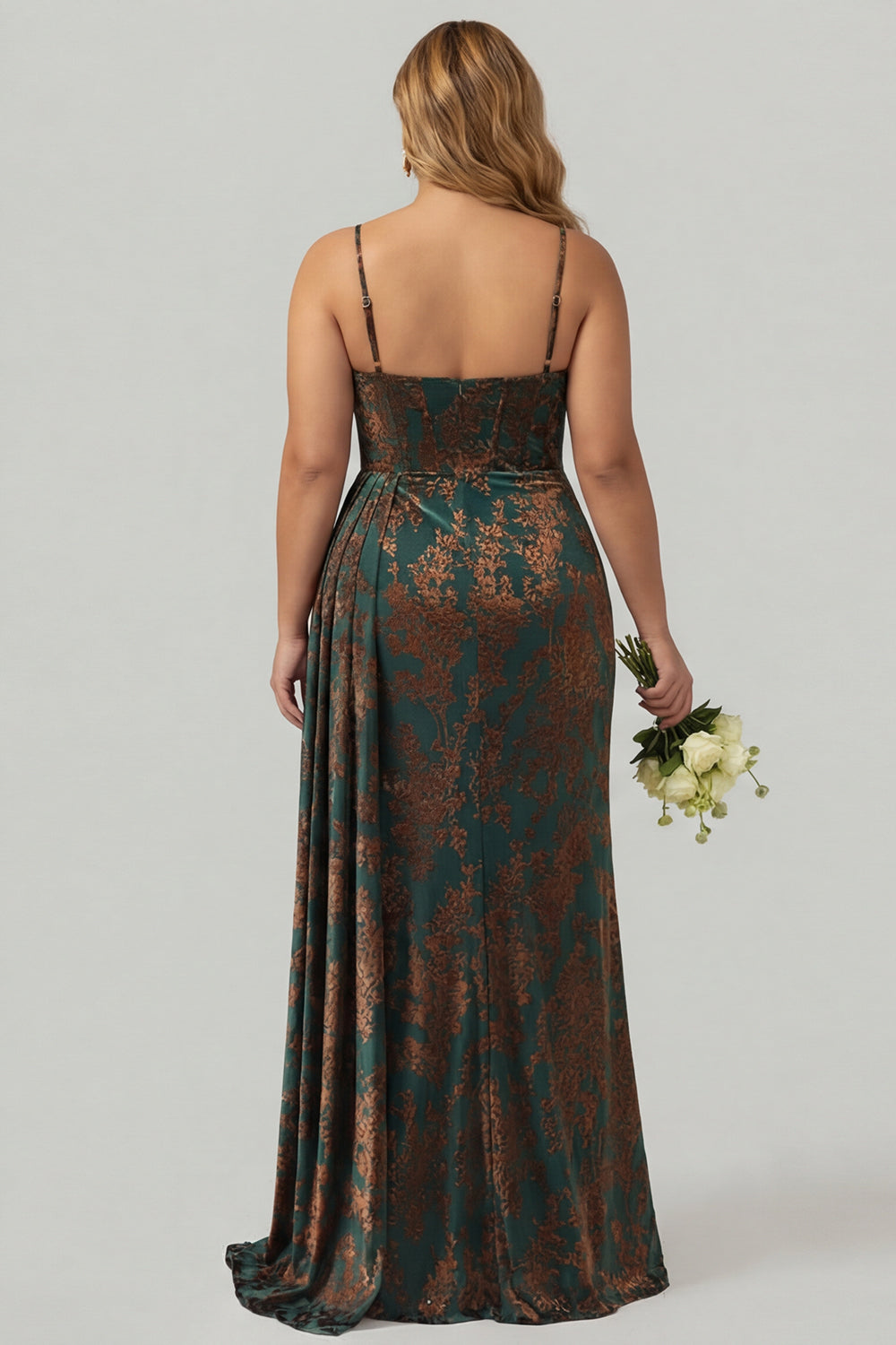 WEDTREND Women Dark Green Velvet Plus Size Bridesmaid Dress with Slit Floral Burnout Mermaid Corset Streamer Long Wedding Guest Dress, Dark Green