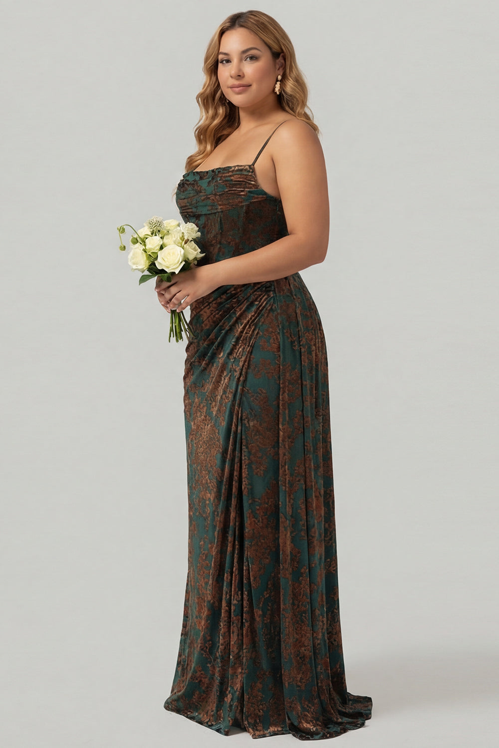 WEDTREND Women Dark Green Velvet Plus Size Bridesmaid Dress with Slit Floral Burnout Mermaid Corset Streamer Long Wedding Guest Dress, Dark Green
