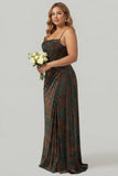 Dark Green Floral Burnout Velvet Mermaid Corset Streamer Plus Size Bridesmaid Dress with Slit