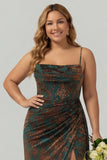 Dark Green Floral Burnout Velvet Mermaid Corset Streamer Plus Size Bridesmaid Dress with Slit