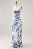 Blue Sheath Corset Floral Burnout Streamer Long Bridesmaid Dress with Slit