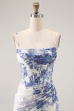 Blue Sheath Corset Floral Burnout Streamer Long Bridesmaid Dress with Slit