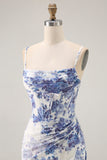 Blue Sheath Corset Floral Burnout Streamer Long Bridesmaid Dress with Slit