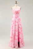 Pink Flower A-Line Cowl Neck Print Long Bridesmaid Dress with Slit